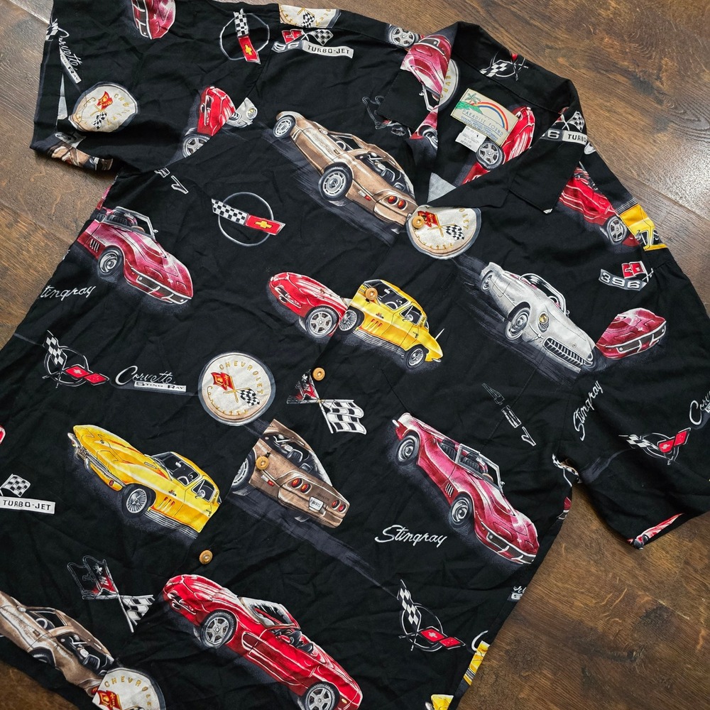 Paradise Found Mens Chevrolet Corvette Stingray Hawaiian Shirt Black‎ Rayon Med